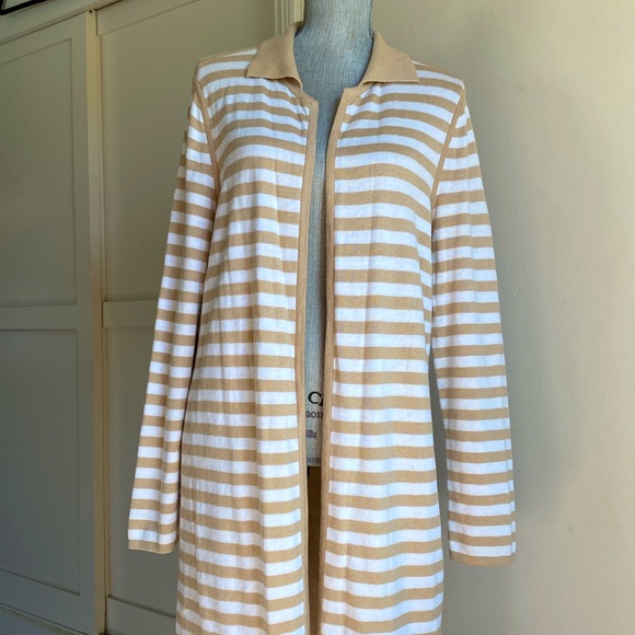 CHICO's TAN & WHITE STRIPE REVERSIBLE OPEN FRONT DUSTER CARDIGAN SIZE L 🌟EUC🌟 - Picture 4 of 15